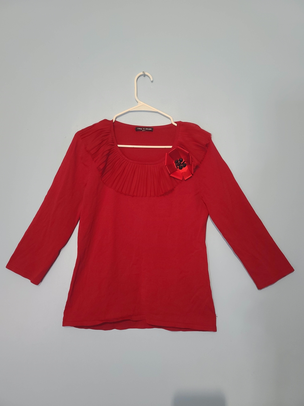 Cable & Gauge Red Ruffle-Neck Long Sleeve Top with Flower Accent